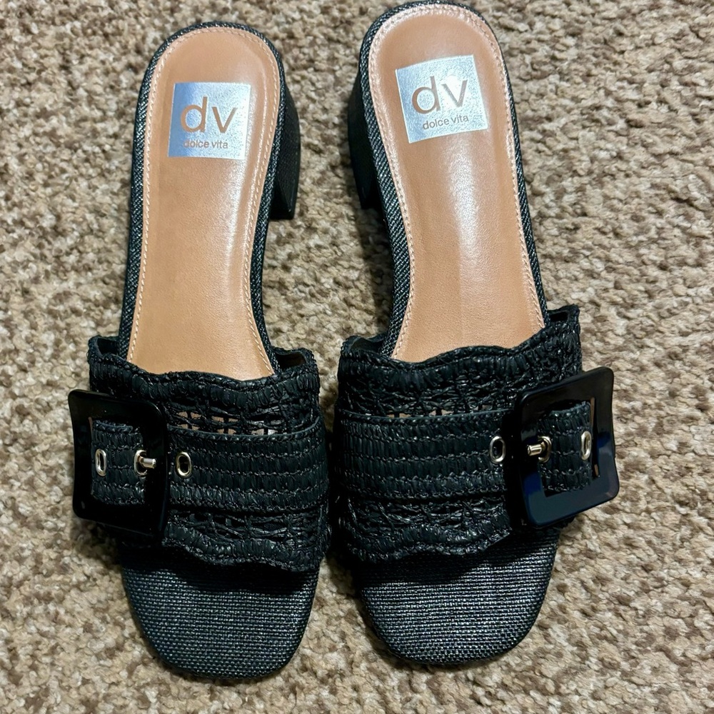 Dolce Vita Black Woven Buckle Block-Heel Mules
